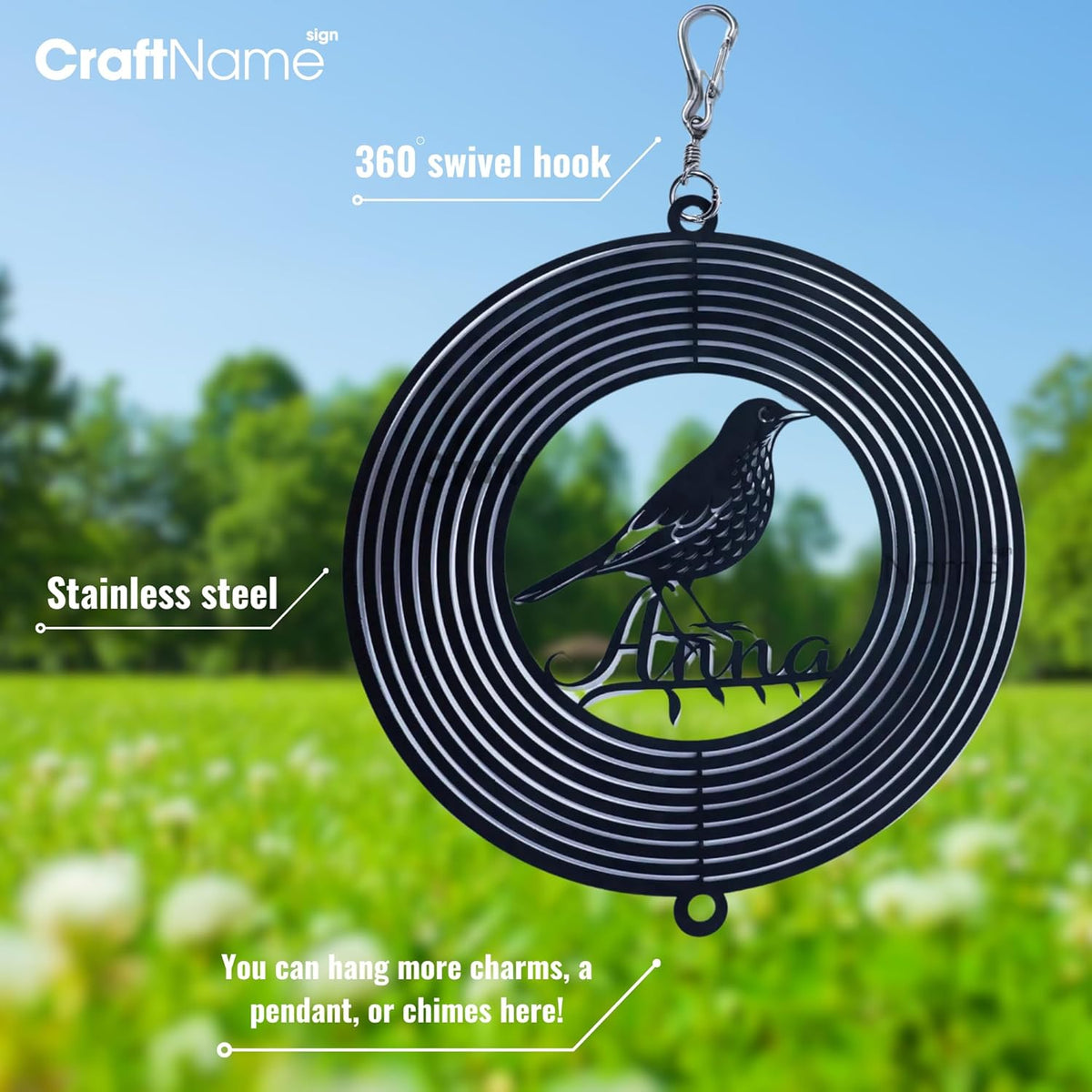 Personalized Cat & Moon Wind Spinner 3D Stainless Steel, Cat Garden Spinner Hanging Outdoor Decor, Wind Spinners Outdoor, Custom Gift for Grandmother, Mom, Wife