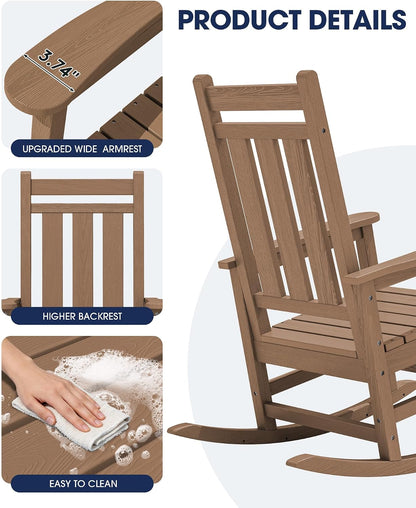 KINGYES Oversized Outdoor Rocking Chair Set of 2, HDPE Patio Rockers, Brown | | All-Weather Patio Rocking Chairs for Porch | High Back & Wide Seat for Garden, Lawn