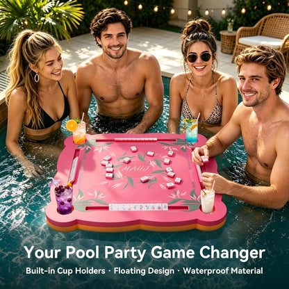Luxury Floating Mahjong Table for Pool,31.5" EVA Foam Pool Float Board Game Tray with Cup Holders & Tile Slots, American Mahjong Summer Party Supplies (Orchid Bloom Series)(Rose Pink)