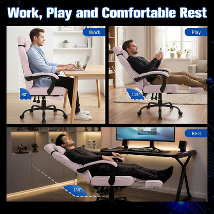 Gaming Chair for Adults with Massage Lumbar Suppor, Fabric Pink | Footrest