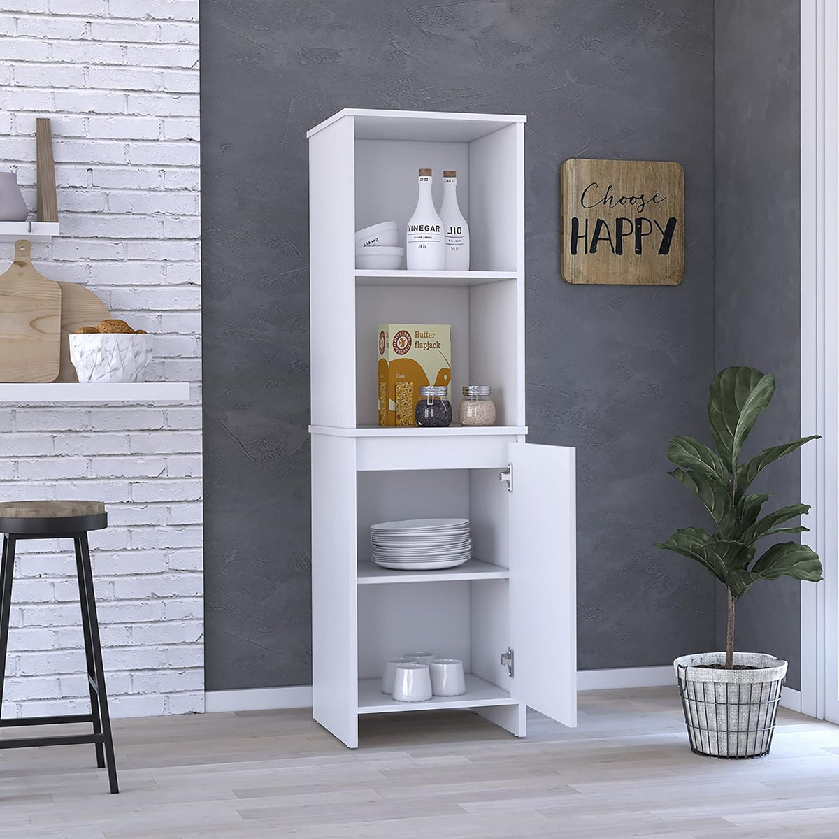 Kitchen Pantry Feery, Single Door Cabinet, Interior and External Shelves, White Finish