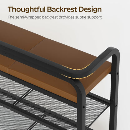 YATINEY Shoe Bench with Backrest, Entryway Bench, 2-Tier Shoe Rack with PU Padded Seat, Upholstered Shoe Storage Bench with Back, for Hallway, Entryway, Foyer, Bedroom, Brown and Black HX04BV
