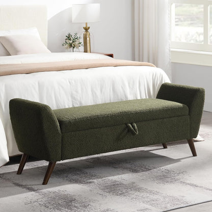 60'' Modern Upholstered Storage Ottoman Bench with Mid-Century Wood Legs, Entryway Bench with Hidden Storage for Living Room, Bedroom, and End of Bed, Comfort Padded Seat (B-Green)