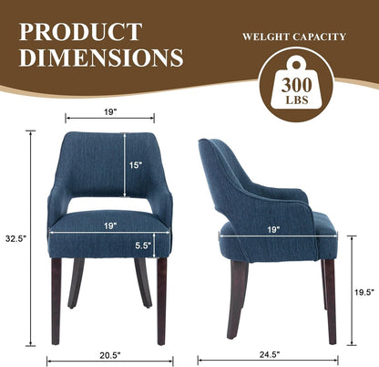 chairus Farmhouse Dining Chairs Set of 2 with Arms, Blue Linen Upholstered Dining Room Chairs, Curved Open Back Kitchen Accent Side Chairs, Blue