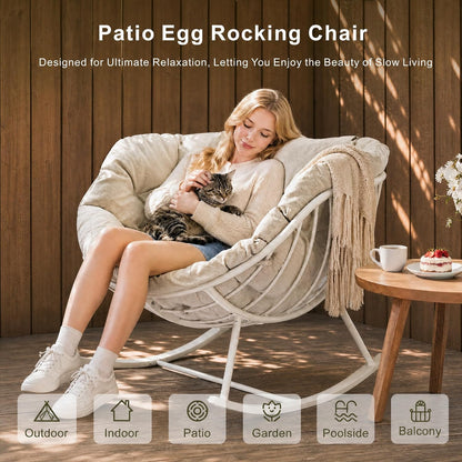 Oversized Outdoor Rocking Chair, Patio Papasan Egg Chair, Rocker Reading Lounge with Thick Cushion, Comfy Indoor Rocker Chair for Bedroom, Living Room, Porch, Poolside