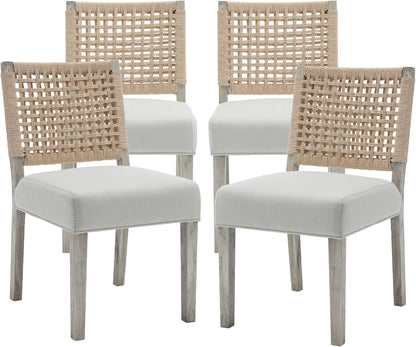 chairus upholstered Dining Chairs Set of 4, Boho Coastal Dining Room Chairs with Natural Woven Rope Back White Gray Washed Wood Leg Modern Farmhouse Wooden Kitchen Side Chairs, Ivory Linen Seat