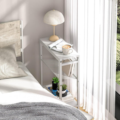 End Table for Small Space, 3-Tier Narrow Side Table with Magazine Holder,Small Nightstand, Skinny Snack Couch Table in Living Room, Bedroom Study and Balcony (White)