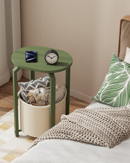 TUTOTAK Oval End Table with Woven Storage Basket, Olive Green Small Side Table for Living Room, Bedroom, TB01BOG093