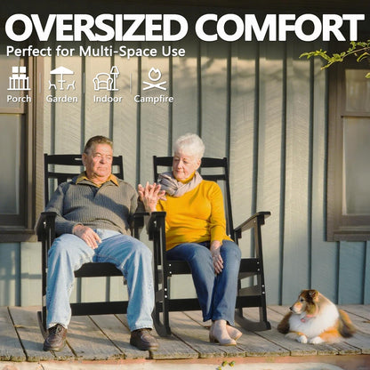 Outdoor Oversized Rocking Chairs Set of 2 with Side Table, HDPE All-Weather Resistant, Front Porch Rockers, Black