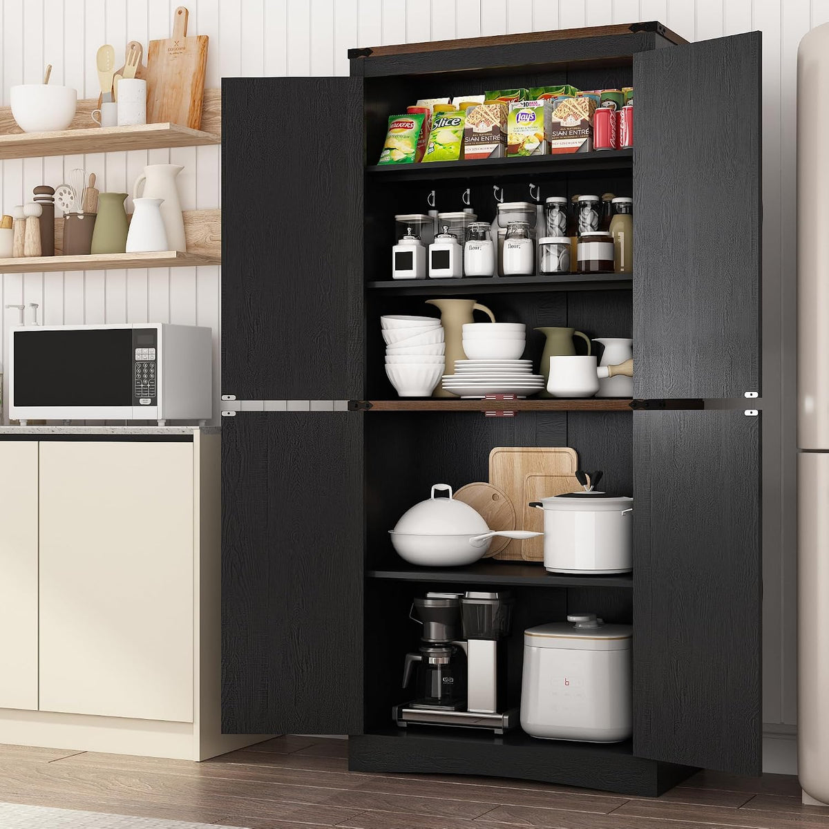 71in Farmhouse Kitchen Pantry Cabinet,Tall Storage Cabinet with 4 Doors and Adjustable shelves,with Load-Bearing Steel Pipe,Wood Storage Cabinets for Kitchen,Dining Room,Bathroom(Black)