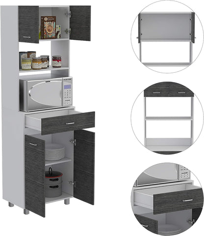 FM FURNITURE Auburn Microwave Pantry with 2 Cabinets, 2 Open Shelves, and Drawer, Smokey Oak/White