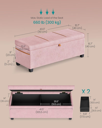 SONGMICS Storage Ottoman, 15.8 x 43.3 x 15.8 Inches, 27 Gal. (103 L) | Bench with Legs, Chenille Fabric, for Living Room, Entryway, Pink, RYEN Collection ULSF533R01