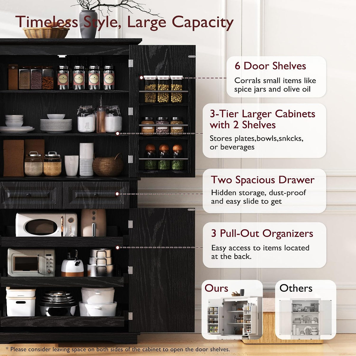 71" Tall Kitchen Pantry Cabinet, Freestanding Pantry Storage Cabinet with 3 Pull Out Organizers, 6 Door Shelves & 2 Drawers, Farmhouse Embossed Texture Cupboard for Kitchen, Dining Room, Black