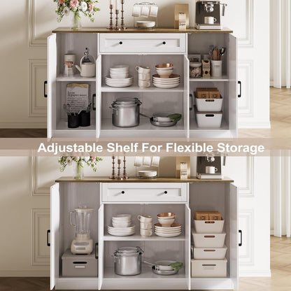 Buffet Cabinet with Storage, 55" Large Sideboard Storage Cabinet with Drawer, 4 Doors and Shelves, Modern Farmhouse Coffee Bar Table Kitchen Island Credenza for Kitchen, Entryway, Dining, Living Room