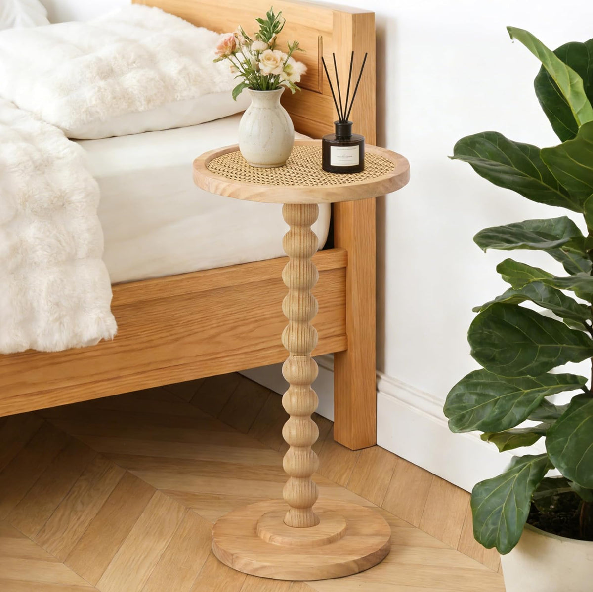 COVLON Solid Wood Drink Table, Small Pedestal Side Table for Small Spaces, Round Rattan Accent End Table Nightstand with Decorative Ball Legs for Living Room, Bedroom, Office, Corners