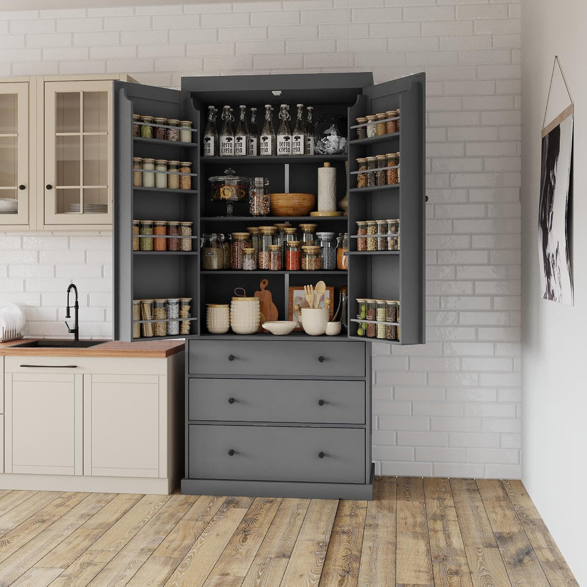 RUNNA 35x17.7x77inch High Freestanding Kitchen Pantry Large Cupboard Storage Cabinet with 2 Drawers, 2 Adjustable Shelves, 8 Door Shelves for Kitchen, Dining Room (Gray#047)