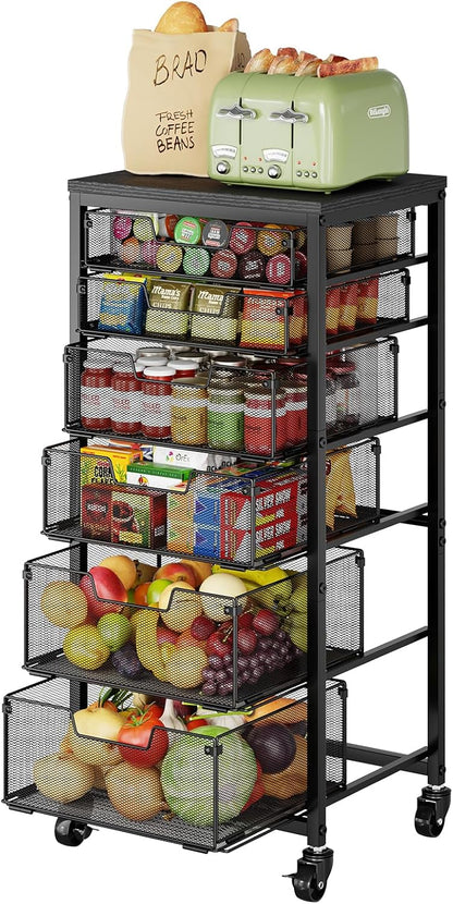 6-Tier Kitchen Storage Cart -Fruit Vegetable Storage Cart with Drawers, Wooden Top Metal Wire Kitchen Organizer and Storage Cart with Wheels to Storage Onions Potatoes Cans Snacks for Kitchen