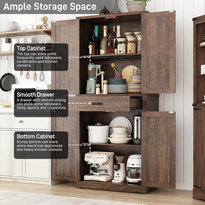 Hlivelood 72" Tall Farmhouse Kitchen Pantry Cabinet with Drawer, Rustic Wood Cupboard Storage Cabinet w/Organizer and 4 Barn Doors, Storage Cabinet for Kitchen, Dining Room, Living Room, Brown