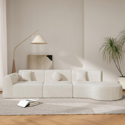 Merax 140" Curved Polyester Sectional Sofa Set, Modern Cloud Couch with Chaise Lounge & 3 Pillows, Fully Assembled for Living Room, Beige