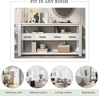 LUMISOL Console Table with 4 Drawers and 3-Tier Open Shelves, Wood Sofa Table Behind Couch with Metal Handles, Entryway Table for Living Room Foyer and Kitchen, White