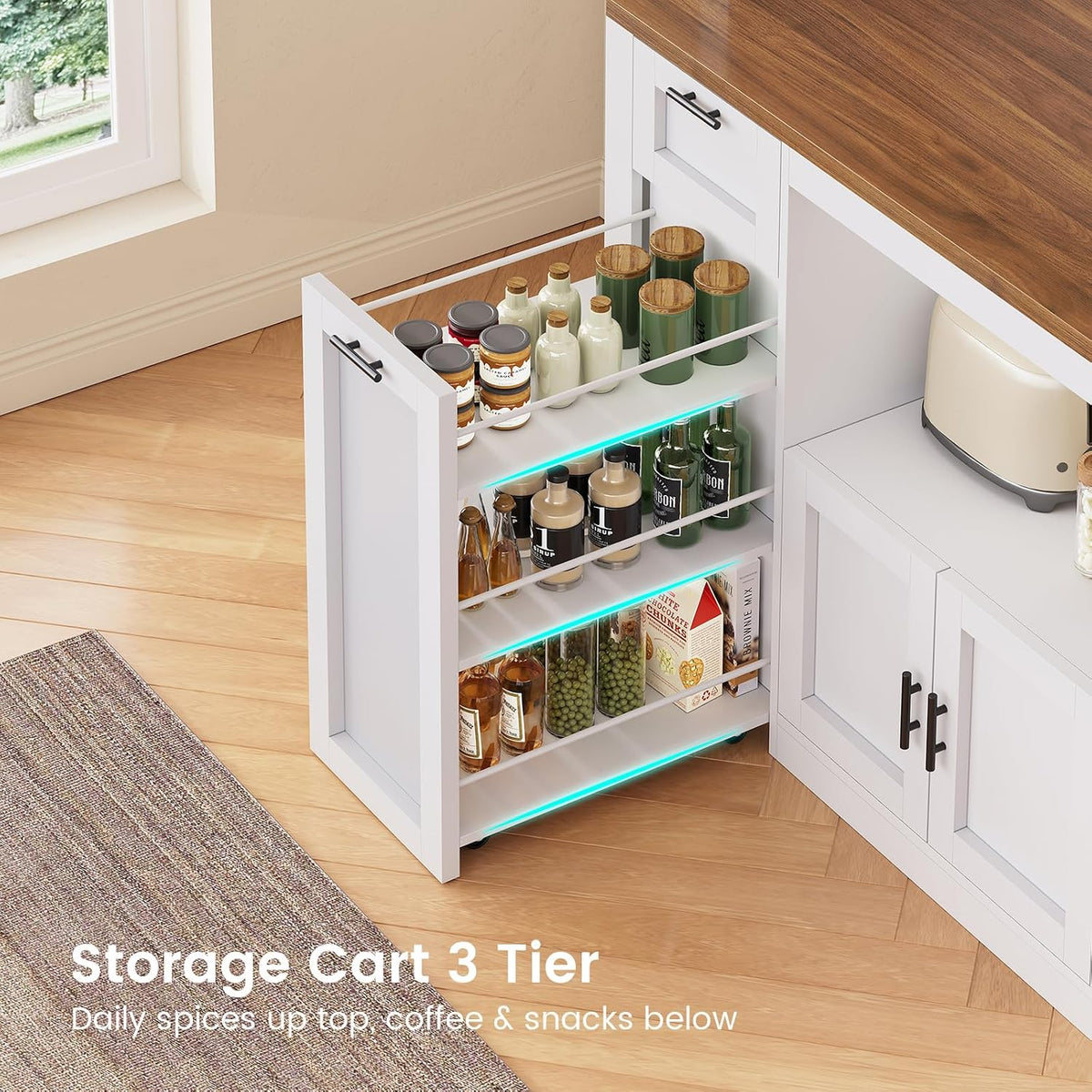 Itaar 71" Pantry Cabinet with Charging Station and LED Light, Kitchen Pantry Cabinet with Microwave Stand, 47.2" Wide Kitchen Storage Cabinets with Storage Cart 3 Tier for Dining Room, White