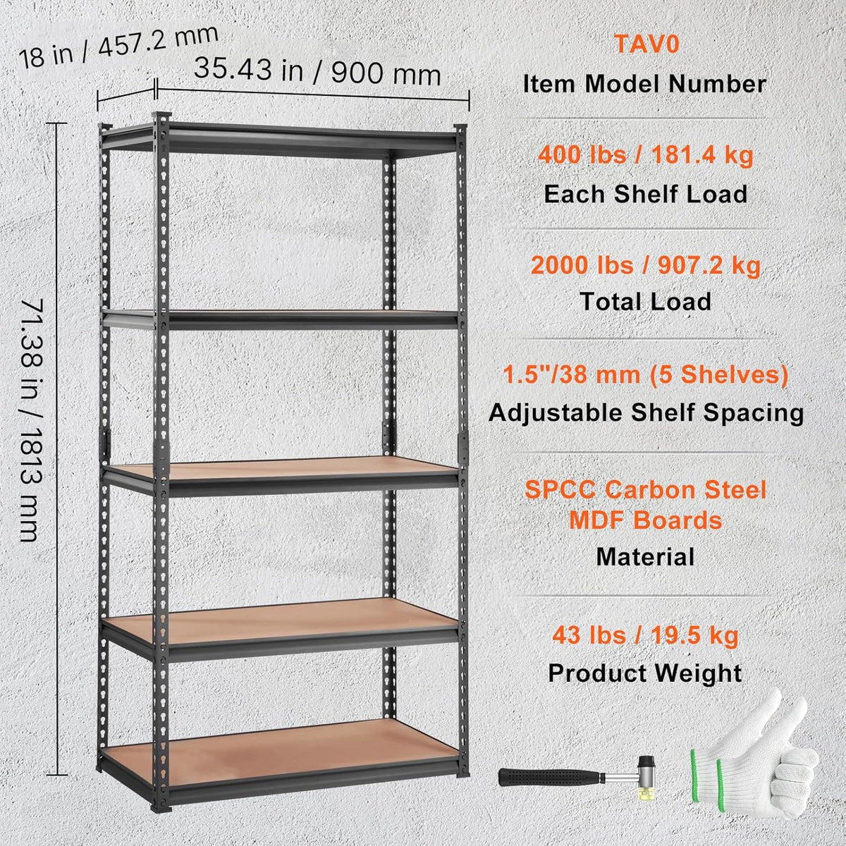VEVOR Storage Shelving Unit, 5-Tier Adjustable, 2000 lbs Capacity, Heavy Duty Garage Shelves Metal Organizer Utility Rack, Black, 36" L x 18" W x 72" H for Kitchen Pantry Basement Bathroom Laundry