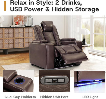 ANJ Power Home Theater Seating, PU Leather Electric Recliner Chair with Adjustable Headrest, Dual Motors Movie Reclining Chairs with LED Lights,USB Port, Cup Holders, Hidden Arm Storage (Brown)