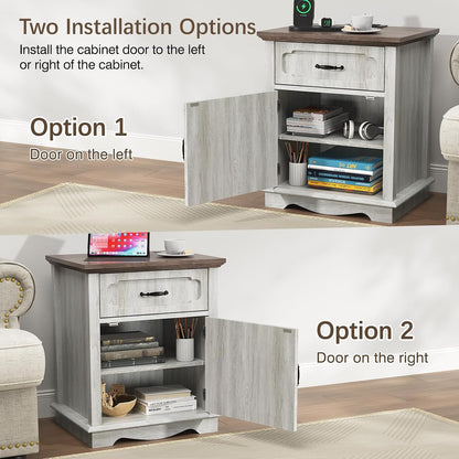 Halitaa Nightstands Set of 2 with Charging Station, White Oak | Bedside Table with Large Drawer, Side Table with Storage Cabinet and Adjustable Shelf, Farmhouse End Table for Bedroom
