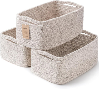 3 Pack Small Storage Baskets for Organizing, 11.8×7.8×5.1", Mixed Brown | Woven Baskets for shelves, Cotton Rope Basket for Gifts Empty, Closet Organizer Bins with Handles, Cube Decorative Box