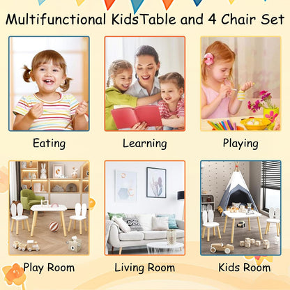 ALEVINE Kids Table and 2 Rabbit Ear Chairs Set, 3-Piece Toddler Wooden Activity Table and Chair Set with Solid Wood Legs, White