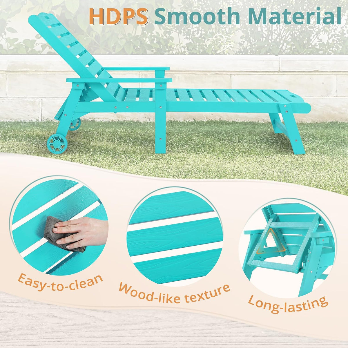 LUE BONA Lounge Chair Outdoor Set of 2, HDPS Chaise Lounge Outdoor with Wheels, 5 Positions Adjustable Pool Lounger Chairs for Outside, Patio, Aruba Blue