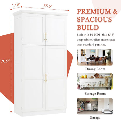 70.9" Tall Freestanding Kitchen Pantry Cabinet with 4 Doors, Large Wooden Kitchen Organizers Storage Cabinet with 8 Pull-Out Trays and 2 Door Shelves for Dining Room, White
