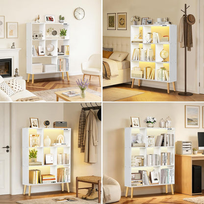 7-Cube Bookshelf with LED Lights, Touch & Remote Control, Freestanding Open Bookcase Storage Shelf, Dimmable Modern Wooden Display Organizer with Legs for Living Room, Bedroom, Office(White)