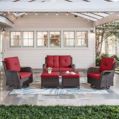Belord 5 Piece Wicker Patio Furniture Set, Outdoor Swivel Rocker Chairs Set of 2 with Ottomans and Loveseat, All Weather Patio Conversation Furniture Set, for Porch Pool, Brown Wicker/Red