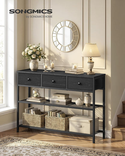SONGMICS Console Table, Narrow Sofa Table with 2 Mesh Shelves for Entryway, Living Room, 11.8 x 38.9 x 31 Inches, 3 Fabric Drawers, Ebony Black, BELLAH Collection ULGS098B201
