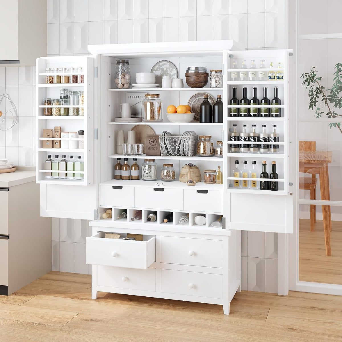 Mirightone 71'' Kitchen Pantry Storage Cabinet, Freestanding Cupboard with 7 Drawers and 3 Adjustable Shelves, Hutch Bar Cabinet with 8 Door Shelves for Kitchen, Living Room, Dining Room, White