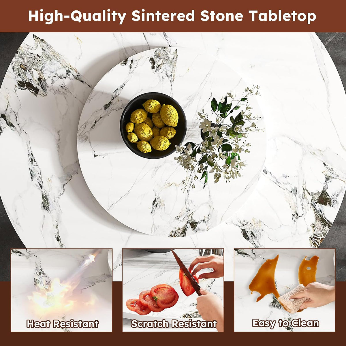 Montary 59” Modern Round Dining Table for 6-8 Seat, Artificial Marble Dining Room Table with Lazy Susan, 3 Gold Circles Stainless Steel Base, Sintered Stone Top Dining Table (Only Table)