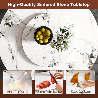 Modern Marble Dining Table, 59" Round Sintered Stone Table for Dining Room, Kitchen, Compact Space w/Stainless Steel Gold Base, Detachable Lazy Susan
