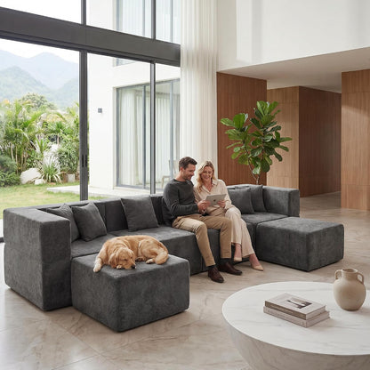 MONVANE U Shaped Sectional Couch Oversized, Chenille, Gray | 6-Seat Sectional Couch for Living Room, Modular Cloud Sofa with Ottoman & 6 Throw Pillows, No Assembly Required