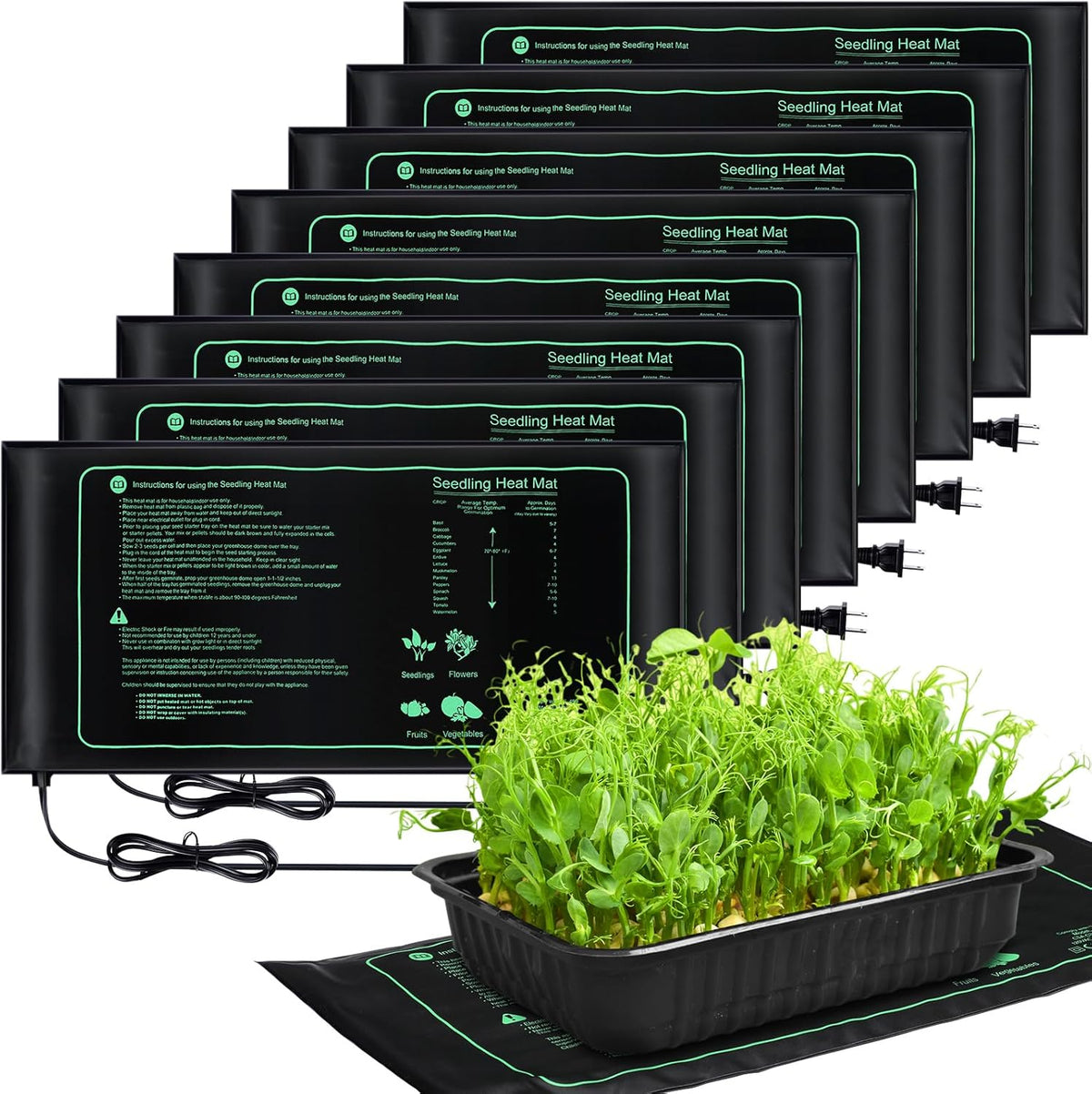 ROCEEI 8 Pack Seedling Heat Mat Bulk, 10" x 20.75" Heat Mats for Seed Starting Plant Heating Mat Grow Mats Waterproof Hydroponic Heating Pad Warm Seed for Greenhouse Plants Germination Grow