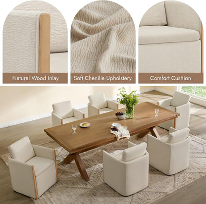Watson & Whitely Modern Rolling Dining Chair with Casters, Set of 2, Linen | Upholstered Chenille Fabric, Hidden Seat Storage, Wood Arms for Kitchen, Dining Room, Living Room