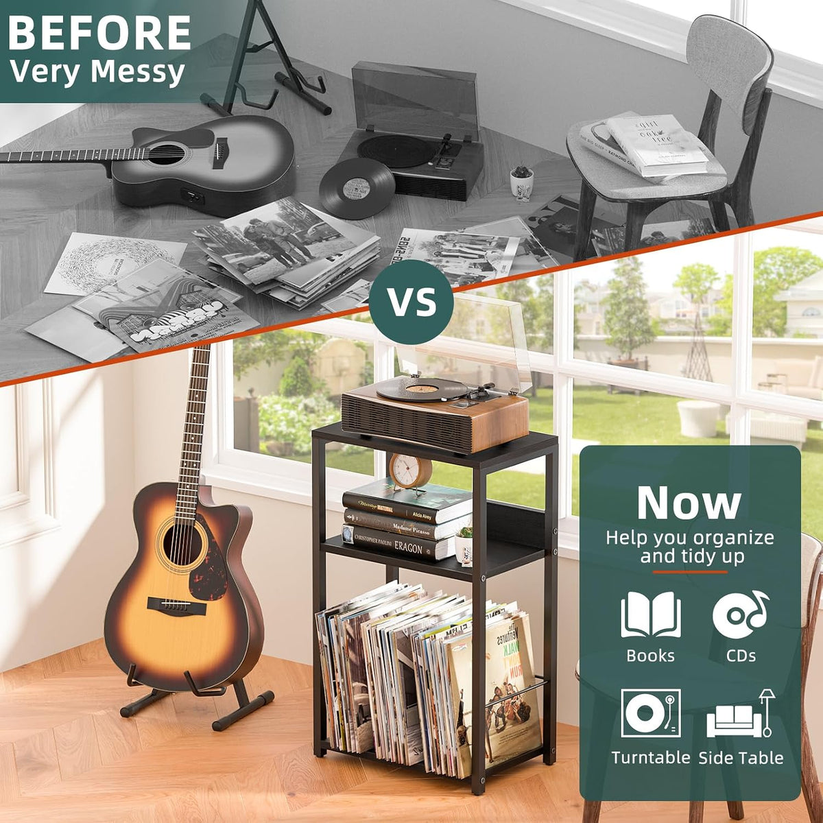 LELELINKY Record Player Stand Set of 2, 3-Tier End Side Table with Vinyl Record Storage, Vinyl Record Holder Up to 120 Albums, Turntable Stand with Vinyls Storage for Music Living Room