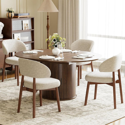 MALOL 47"-63" Extendable Round to Oval Dining Room Table Chairs Set for 4-8, Modern Wooden Kitchen Table and Chairs with Hidden Storage and Fluted Design for Dining Room/Small Space(Walnut and Beige)