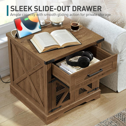 RALGEND Walnut Farmhouse End Table with Charging Station, 24" Large Sofa Side Table with Drawer, Large End Table for Living Room, Wooden Nightstand with Outlet, Square, Walnut