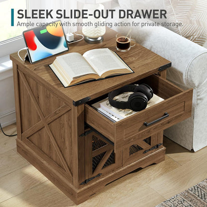 Farmhouse End Table Set of 2, 24" Large Sofa Side Table with Drawer, Large End Table for Living Room, Wooden Nightstand with Charging Station, Square, Walnut