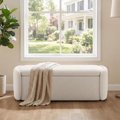 VKNOW 51" Storage Ottoman Bench, Upholstered End of Bed Bench with Smooth Hinges, Oval Large Ottoman Bench for Bedroom, Living Room and Hallway Entryway, Beige