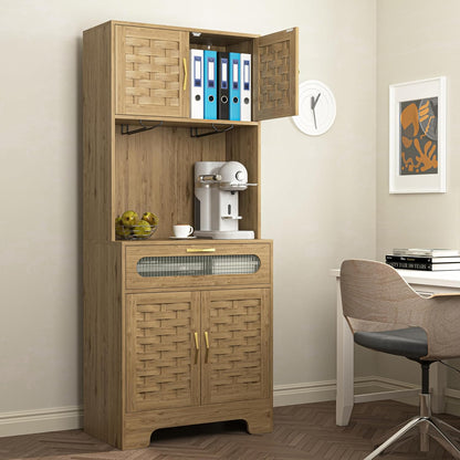 Kitchen Pantry Cabinet, Handmade Woven Wood Rustic Buffet Hutch Cabinet with Storage Drawer & Adjustable Shelf, Farmhouse Tall Cupboard Microwave Stand Coffee Bar for Kitchen, Dining Room, Living Room