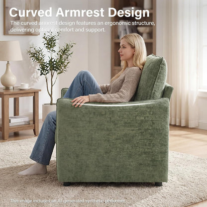 Elegant Oversized Accent Reading Armchairs Set of 2, 42.1", Chenille, Green | Modern Upholstered Piping Single Chair with Cushion Backrest and 2 Pillows for Bedroom, Office, Reception Area