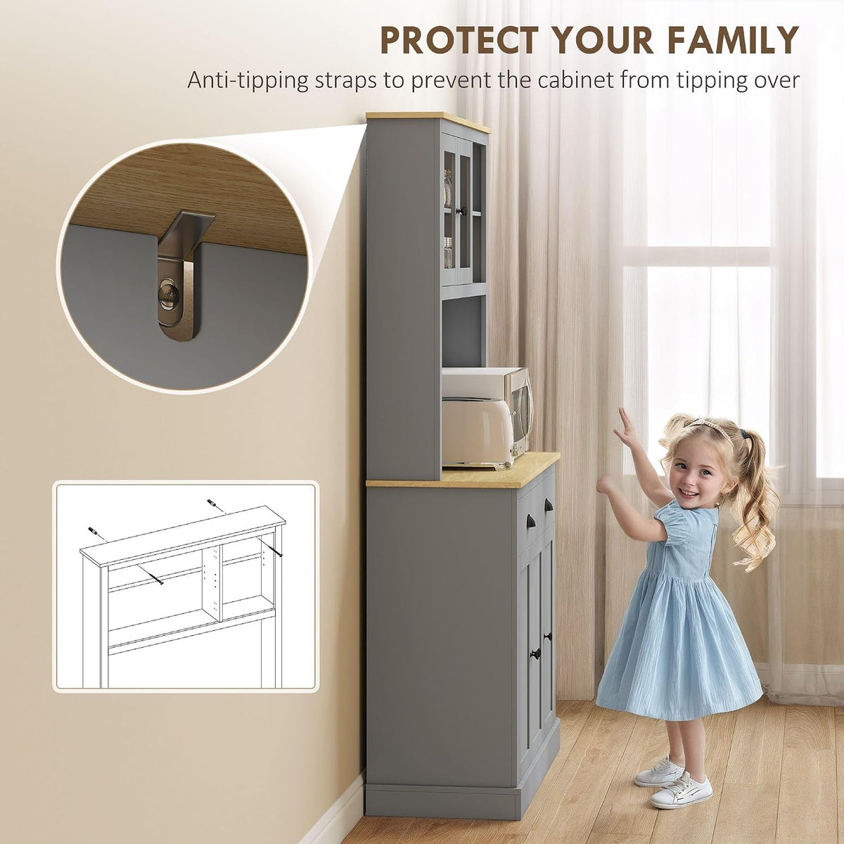 Pantry Cabinet 71-inch freestanding, Four Adjustable Shelves at Three Positions, Wide countertop Cable Hole, Gray and Yellow Oak Design