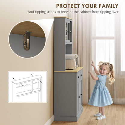 Pantry Cabinet 71-inch freestanding, Four Adjustable Shelves at Three Positions, Wide countertop Cable Hole, Gray and Yellow Oak Design